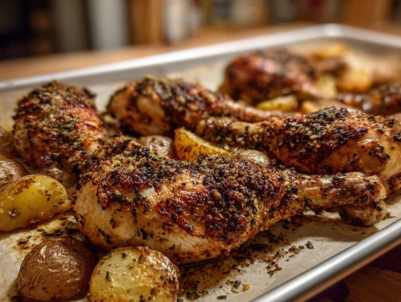 Close-up of crispy Sheet Pan Garlic Parmesan Chicken Drumsticks with Potatoes fresh from the oven.