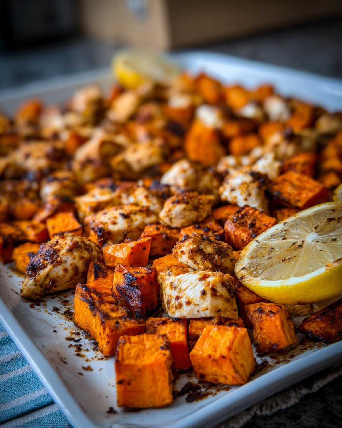 Close-up of roasted chicken pieces and charred sweet potatoes on a white sheet pan, garnished with lemon wedges.