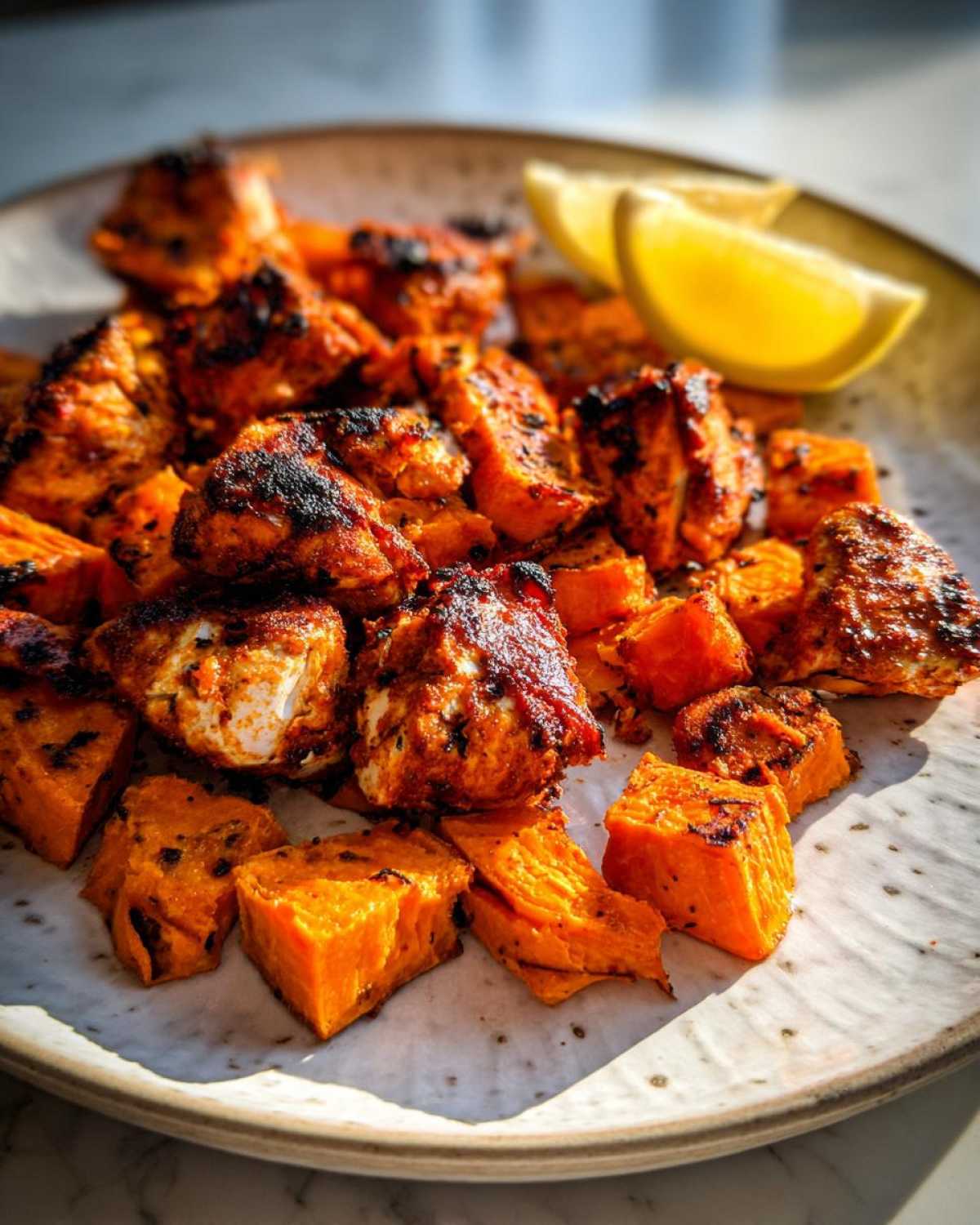 Close-up of charred Sheet Pan Harissa Chicken with Sweet Potatoes cubes on a plate with lemon wedges.