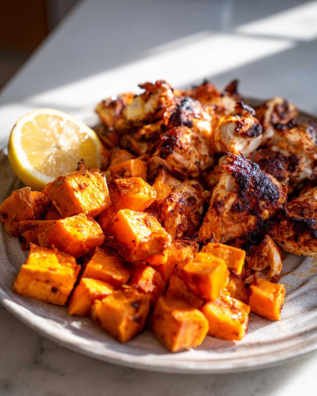 Close-up of seasoned chicken pieces and roasted sweet potatoes from Sheet Pan Harissa Chicken with Sweet Potatoes.