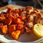 Close-up of roasted chicken pieces and bright orange sweet potatoes from Sheet Pan Harissa Chicken with Sweet Potatoes.