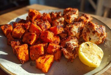 Close-up of roasted chicken pieces and bright orange sweet potatoes from Sheet Pan Harissa Chicken with Sweet Potatoes.