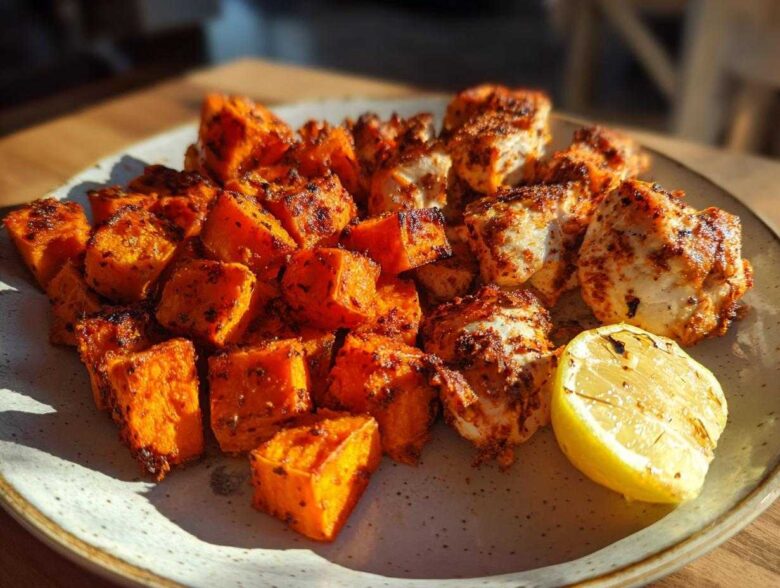 Close-up of roasted chicken pieces and bright orange sweet potatoes from Sheet Pan Harissa Chicken with Sweet Potatoes.