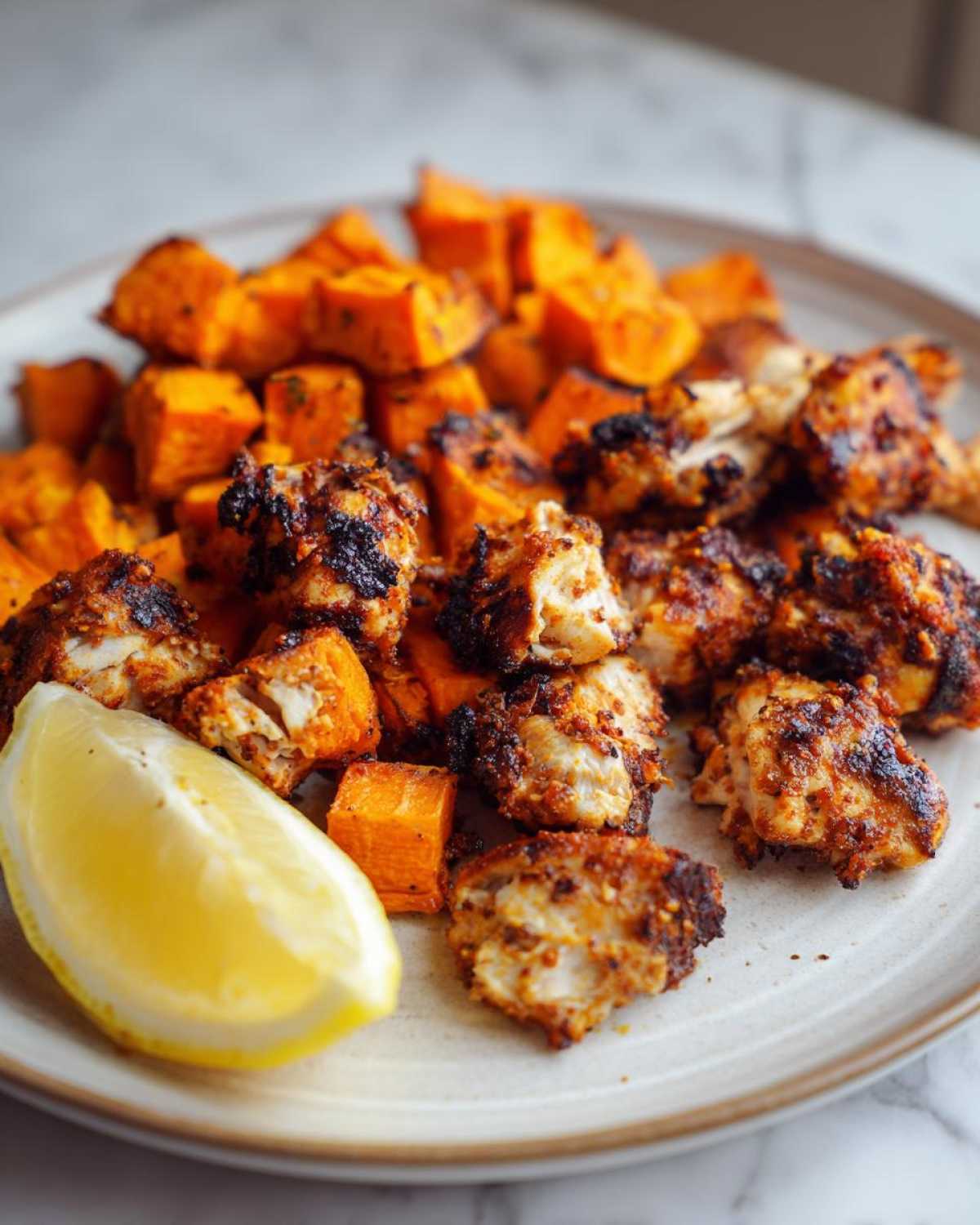 Close-up of seasoned and charred Sheet Pan Harissa Chicken with Sweet Potatoes and a lemon wedge.