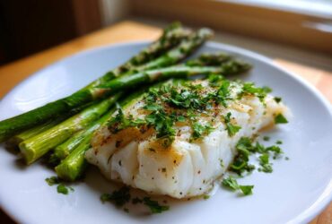 A perfectly cooked fillet of Sheet Pan Lemon Herb Cod served with bright green roasted asparagus on a white plate.