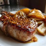 Close-up of a glazed Sheet Pan Maple Dijon Pork Chop served with roasted apple wedges on a white plate.