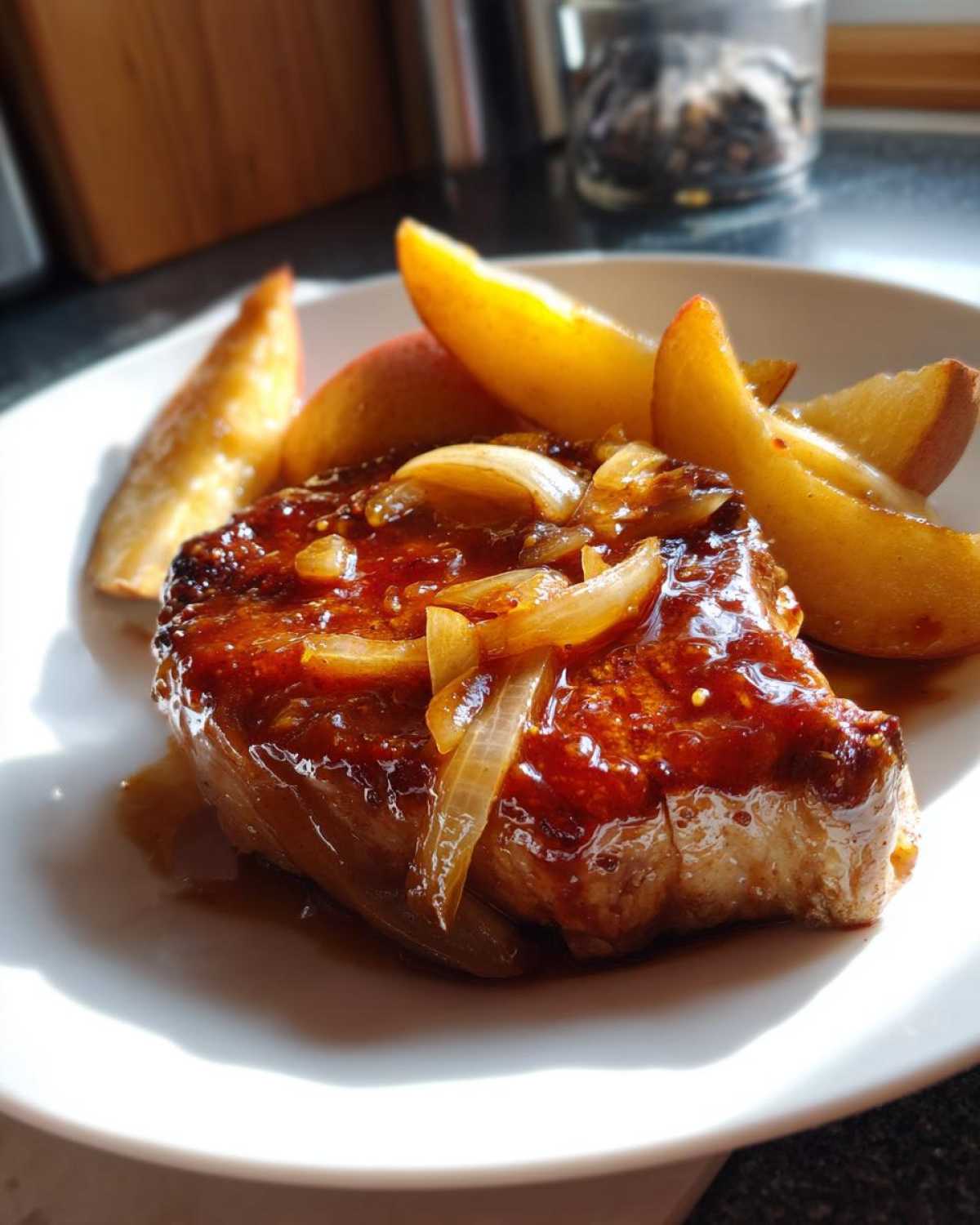 Close-up of a glazed pork chop topped with caramelized onions and served with apple slices, a key component of Sheet Pan Maple Dijon Pork Chops.