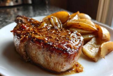 Close-up of a glazed Sheet Pan Maple Dijon Pork Chop served with roasted apple wedges on a white plate.
