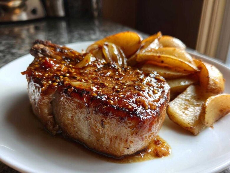 Close-up of a glazed Sheet Pan Maple Dijon Pork Chop served with roasted apple wedges on a white plate.