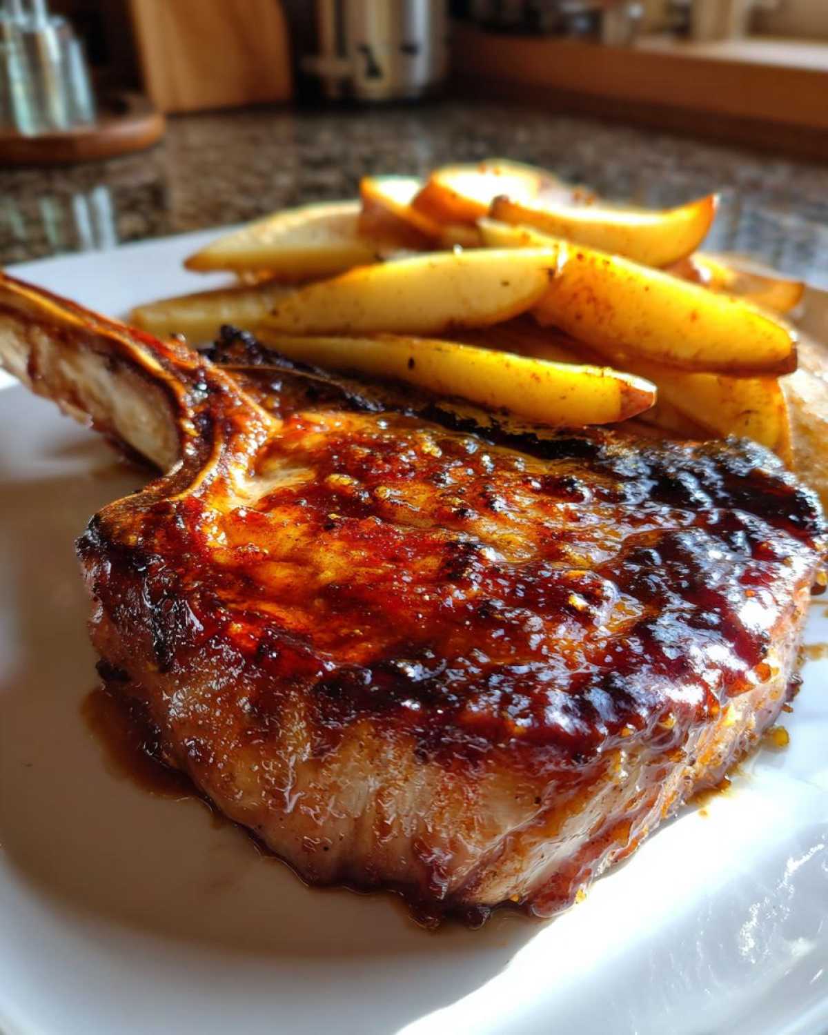 Close-up of a thick, bone-in pork chop glazed with maple dijon sauce next to roasted apple wedges.