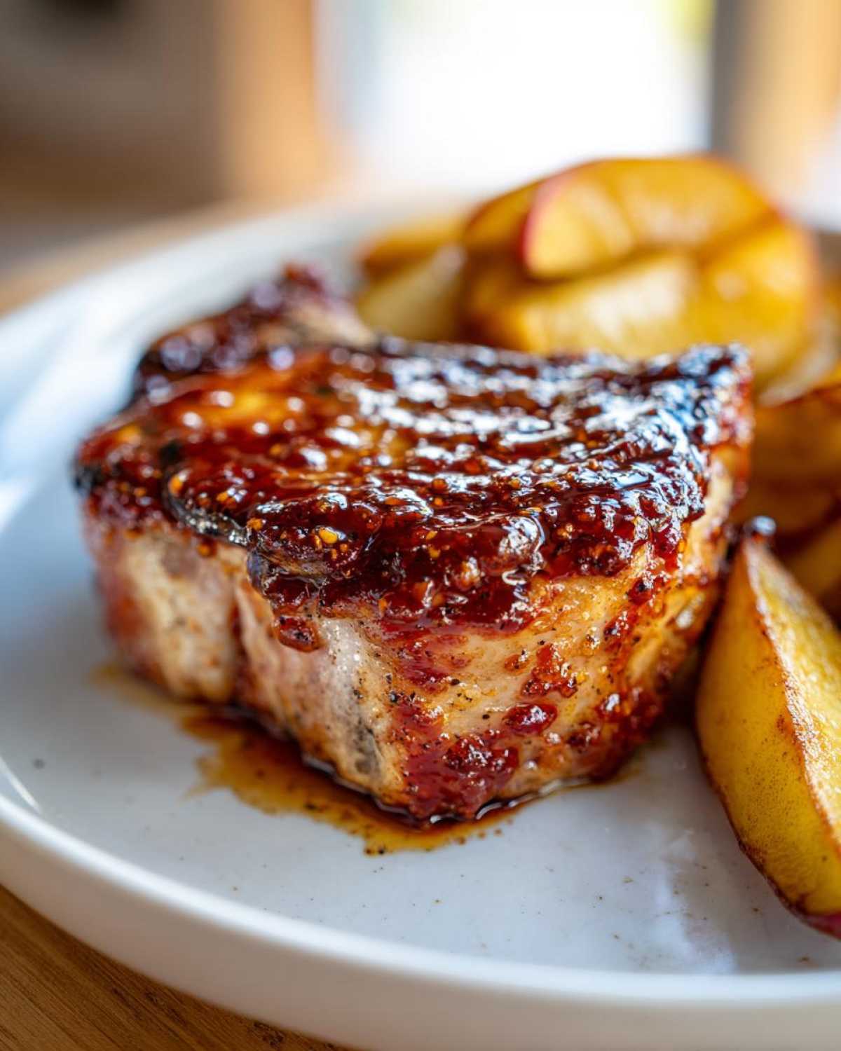 Close-up of a juicy pork chop glazed with maple dijon sauce, served next to roasted apples.