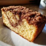 A close-up of a moist slice of Gluten-Free Cinnamon Sugar Coffee Cake with a thick, crumbly cinnamon streusel topping.