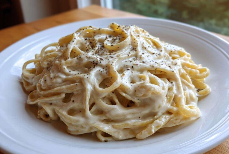A close-up of fettuccine pasta generously coated in Vegan Creamy Cashew Alfredo Sauce, topped with black pepper.