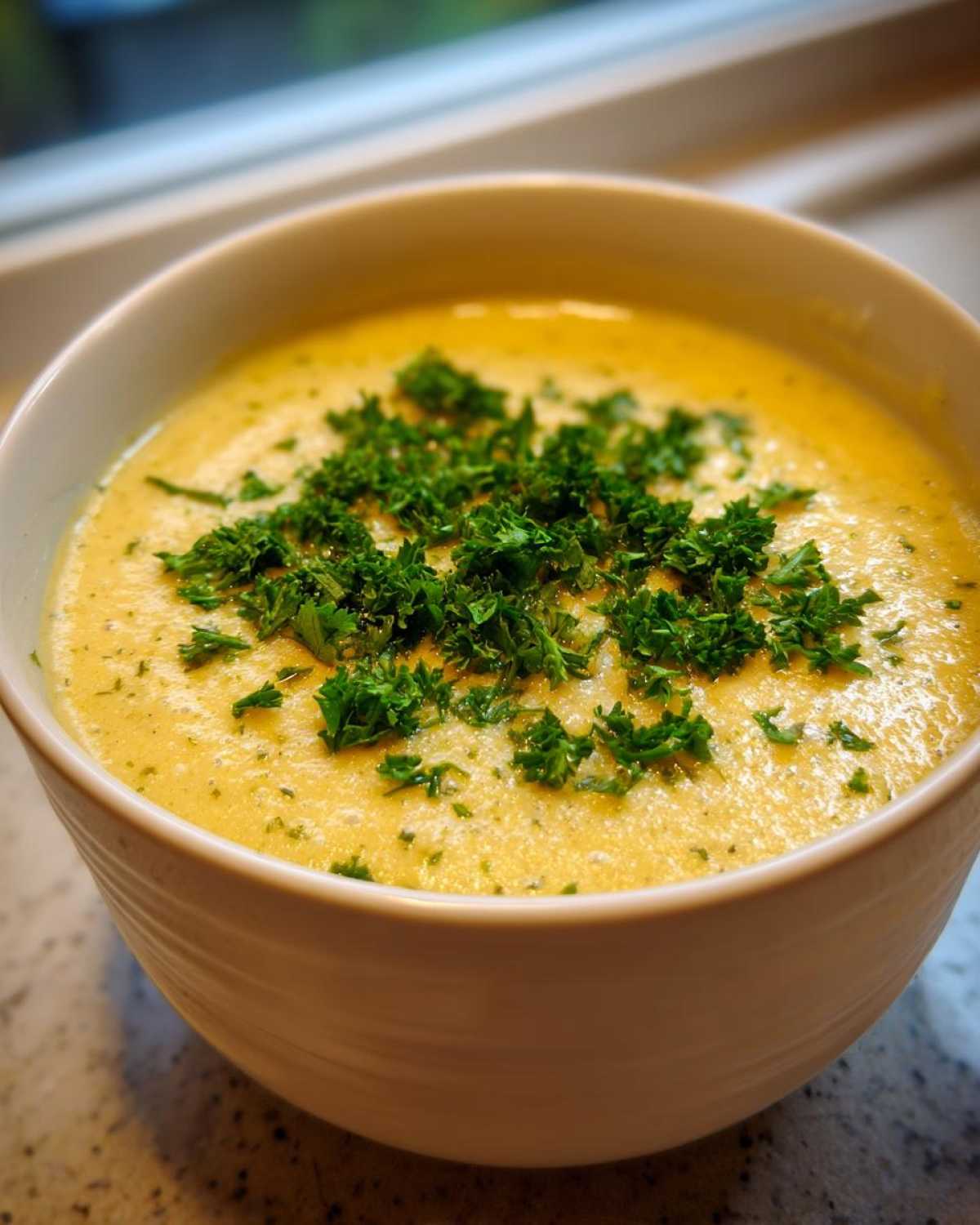 Close-up of a bowl of Vegan Creamy Lemon Garlic White Bean Soup topped with fresh parsley.