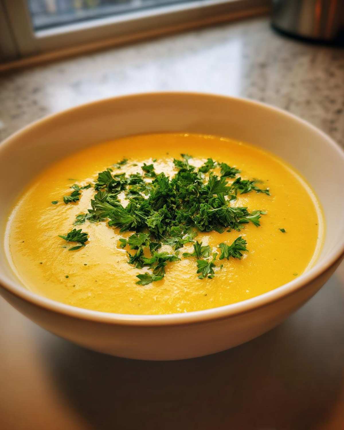 Close-up of a bowl of bright yellow Vegan Creamy Lemon Garlic White Bean Soup topped with fresh parsley.
