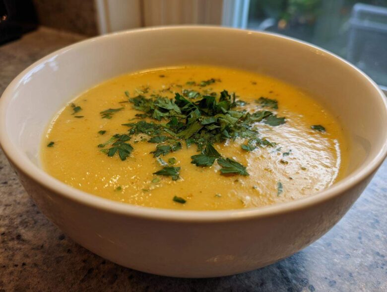 Close-up of a bowl of Vegan Creamy Lemon Garlic White Bean Soup garnished with fresh parsley.