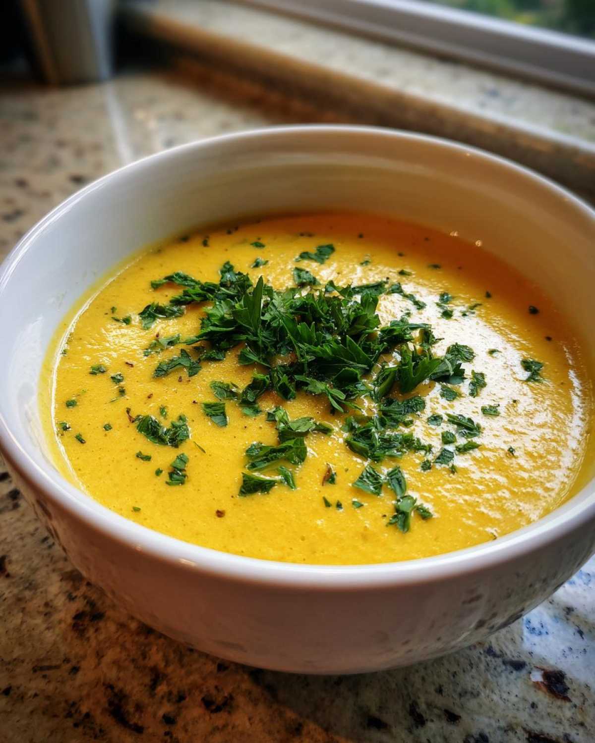 A close-up of a bowl filled with bright yellow Vegan Creamy Lemon Garlic White Bean Soup, garnished with fresh chopped parsley.