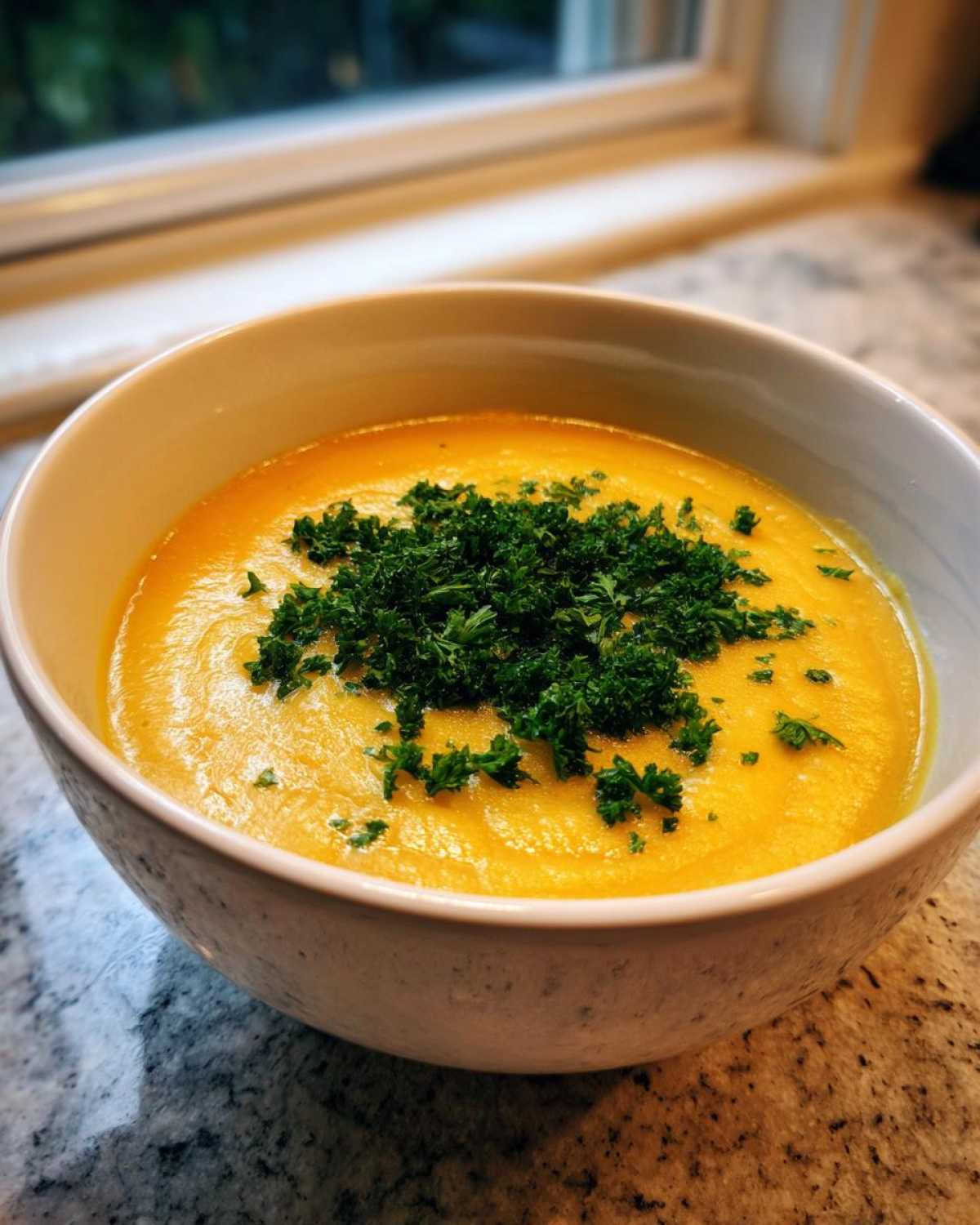 A close-up of a bowl of bright yellow Vegan Creamy Lemon Garlic White Bean Soup topped with fresh chopped parsley.