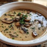 Close-up of a bowl of Vegan Creamy Mushroom Soup with Thyme, garnished with sliced mushrooms and fresh thyme sprigs.