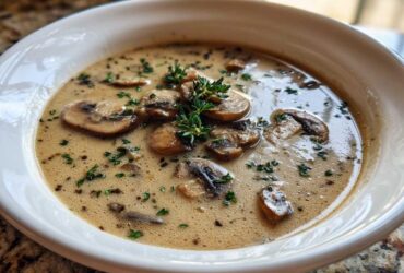 Close-up of a bowl of Vegan Creamy Mushroom Soup with Thyme, garnished with sliced mushrooms and fresh thyme sprigs.
