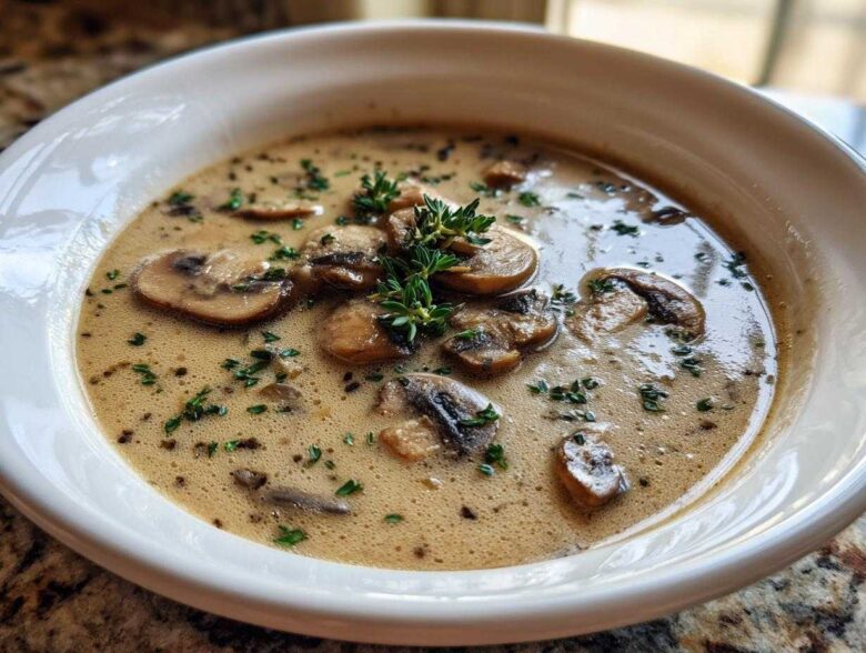 Close-up of a bowl of Vegan Creamy Mushroom Soup with Thyme, garnished with sliced mushrooms and fresh thyme sprigs.