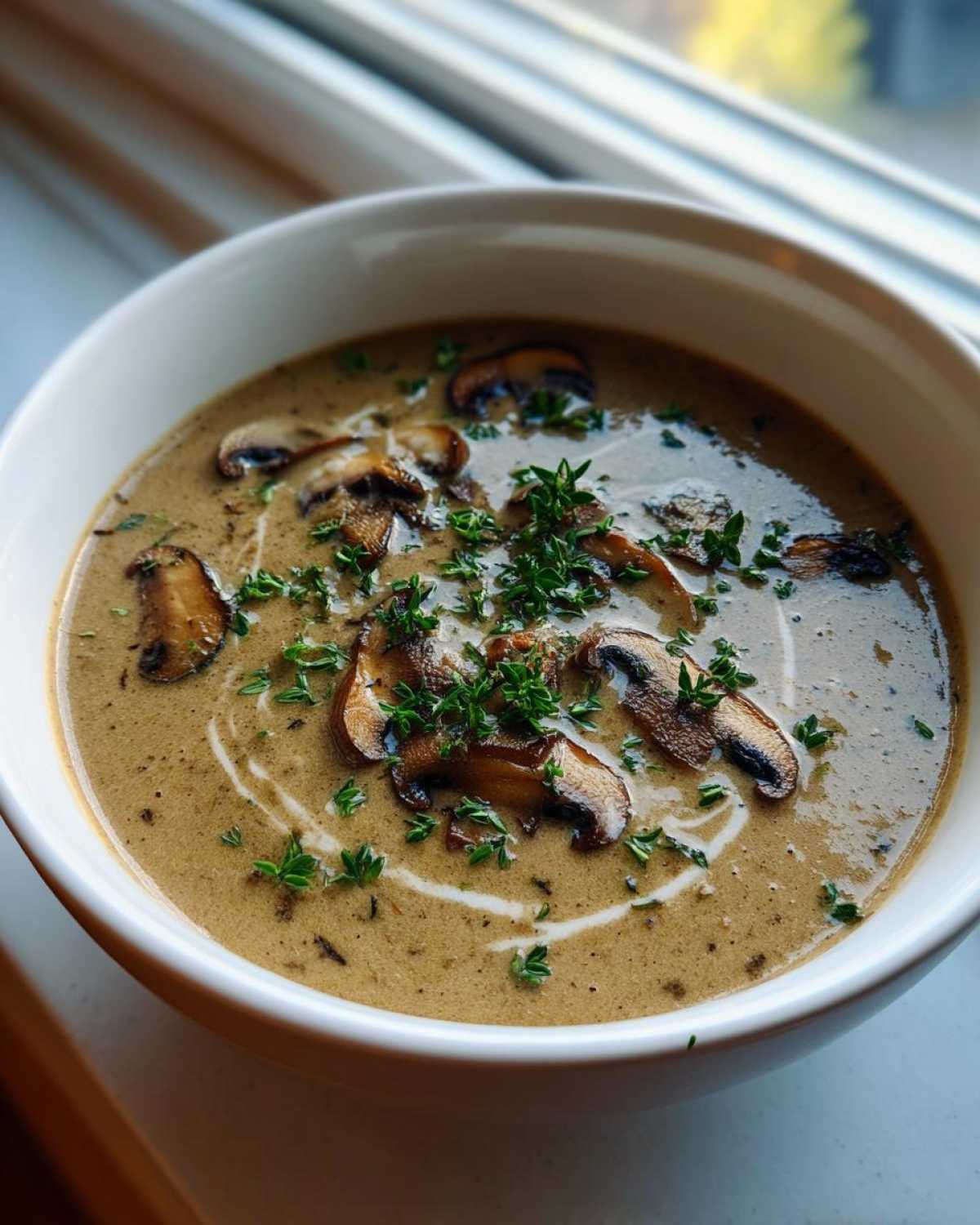 A warm bowl of Vegan Creamy Mushroom Soup with Thyme, garnished with sautéed mushrooms and fresh herbs.
