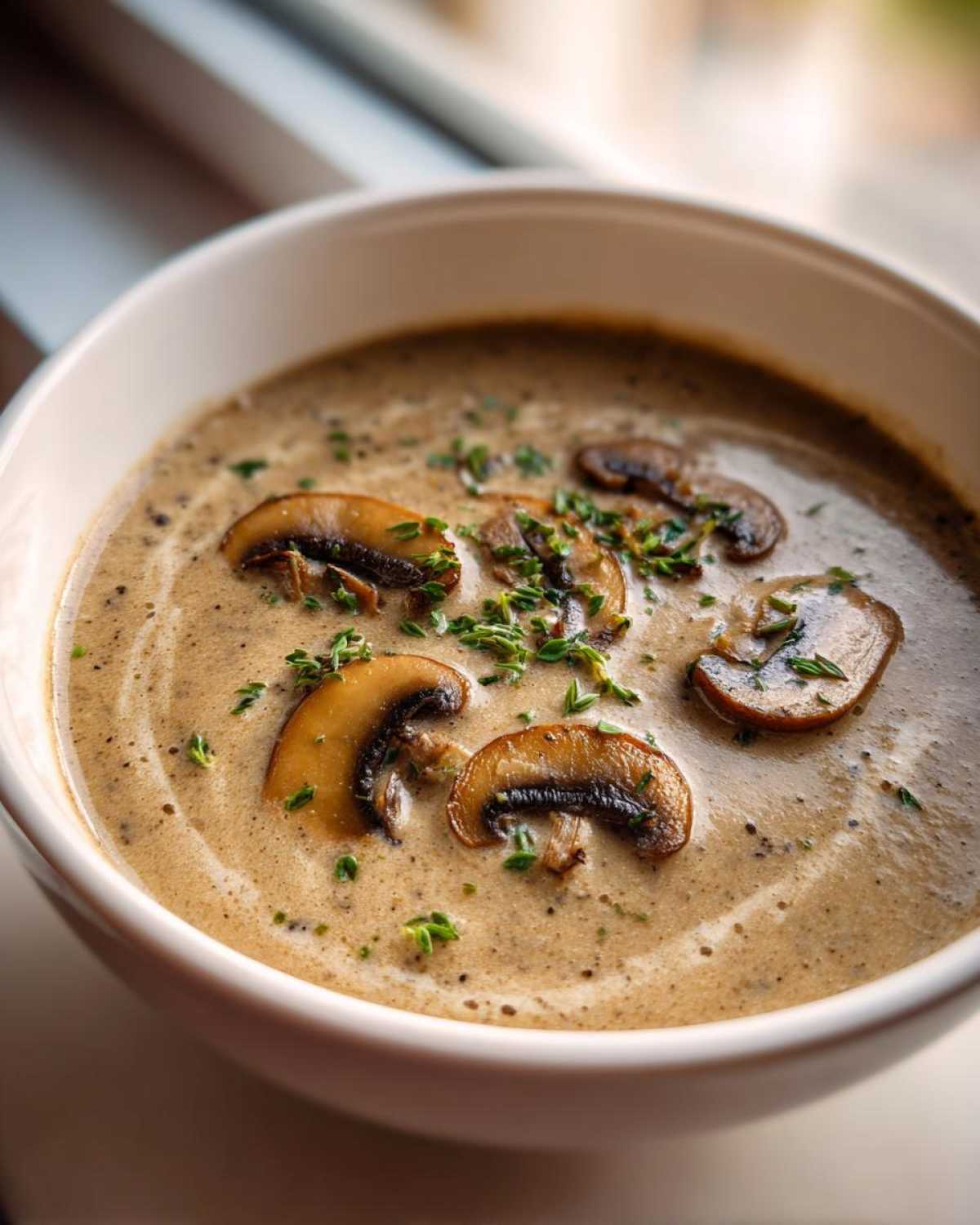 A close-up shot of a white bowl filled with Vegan Creamy Mushroom Soup with Thyme, garnished with sautéed mushroom slices.