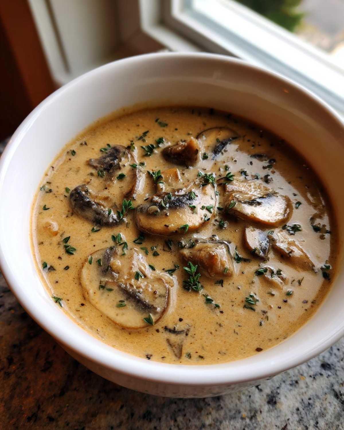 Close-up of a white bowl filled with Vegan Creamy Mushroom Soup with Thyme, garnished with fresh herbs.