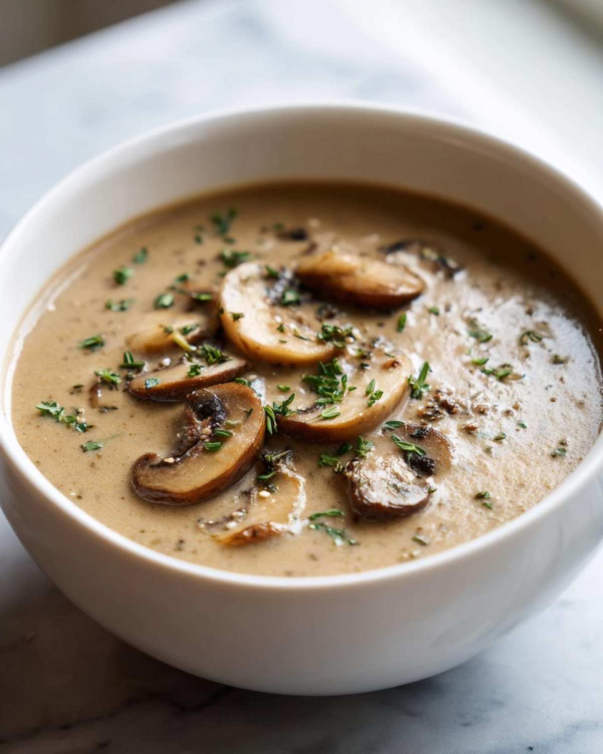 A close-up shot of rich Vegan Creamy Mushroom Soup with Thyme, garnished with sliced mushrooms and fresh herbs.