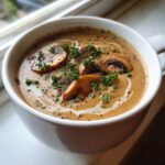 Close-up of a rich Vegan Creamy Mushroom Soup with Thyme, topped with sliced mushrooms and fresh herbs.