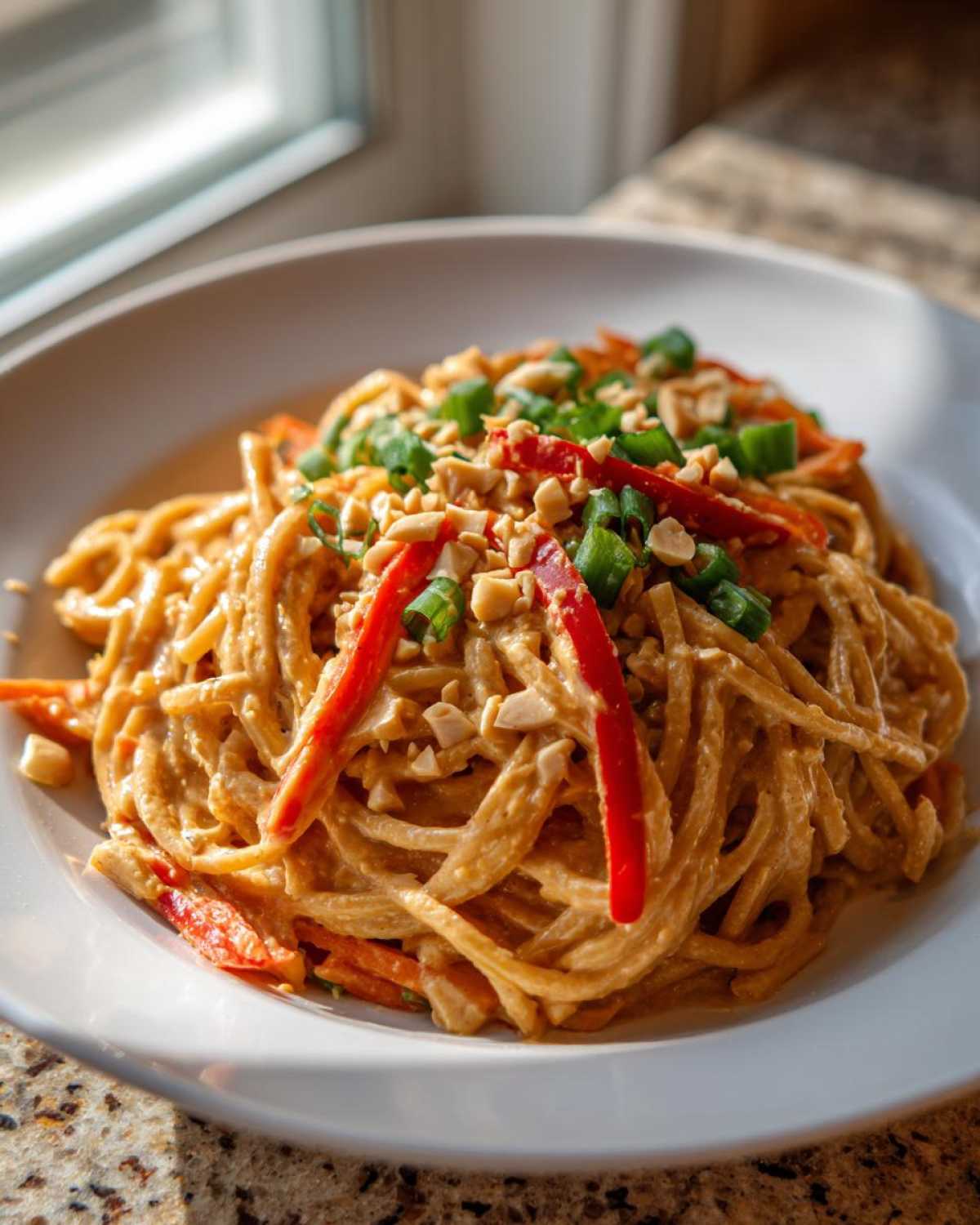A close-up of Vegan Creamy Peanut Noodle Salad tossed in peanut sauce, topped with peanuts and green onions.