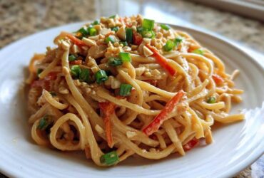 A close-up of Vegan Creamy Peanut Noodle Salad coated in sauce, topped with chopped peanuts and green onions.