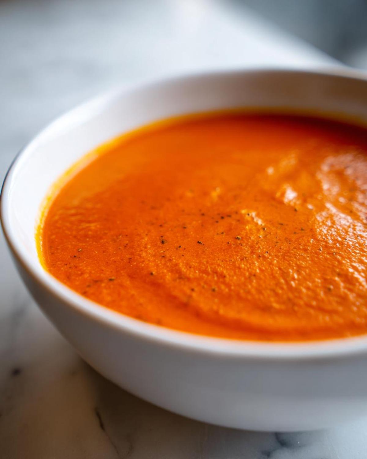 A close-up shot of rich, vibrant orange Vegan Creamy Tomato Coconut Soup in a white bowl.