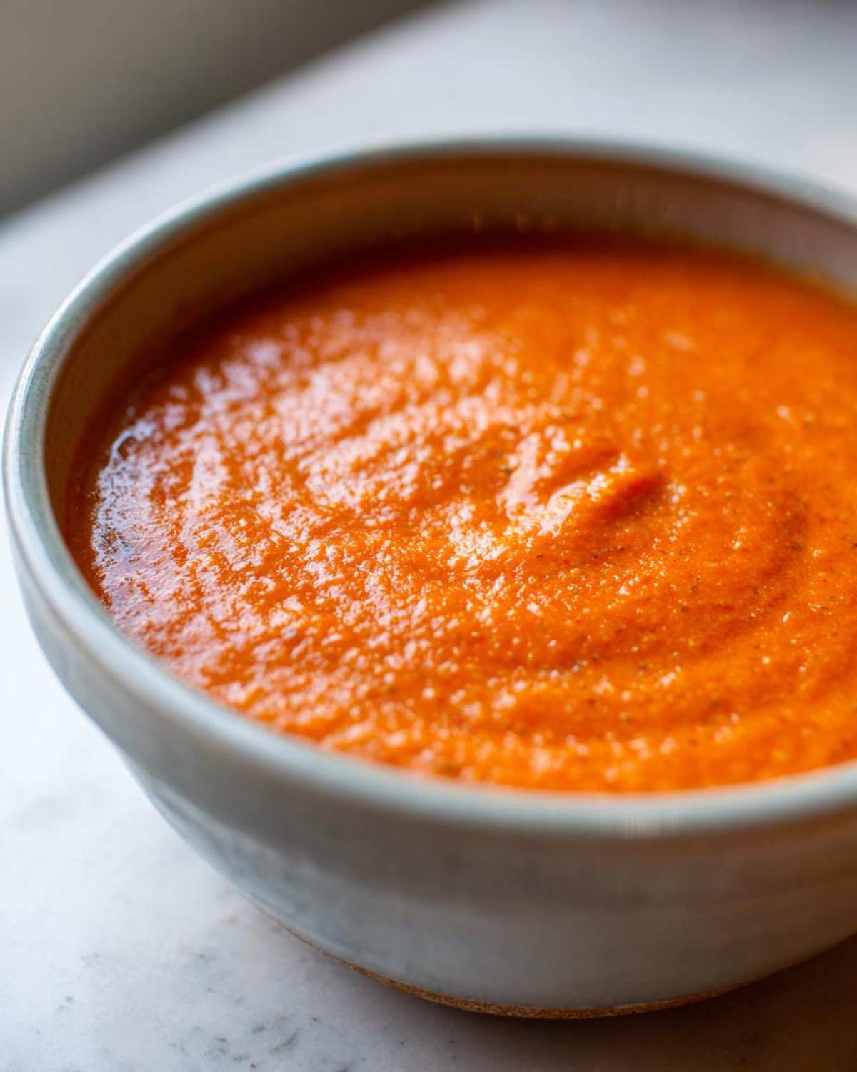 Close-up of a bowl filled with vibrant orange Vegan Creamy Tomato Coconut Soup.
