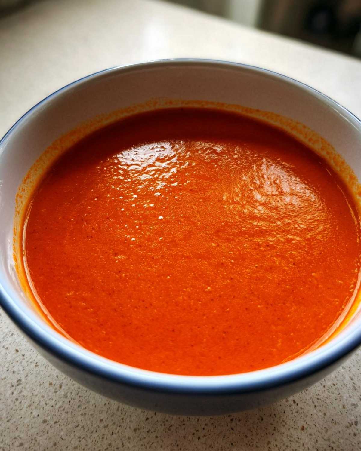 Close-up of a bowl filled with vibrant orange-red Vegan Creamy Tomato Coconut Soup.
