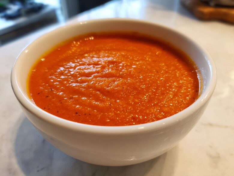 Close-up of a white bowl filled with vibrant orange Vegan Creamy Tomato Coconut Soup.