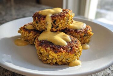 Four golden-brown Vegan Crispy Chickpea Cutlets stacked on a white plate, drizzled generously with yellow lemon tahini sauce.