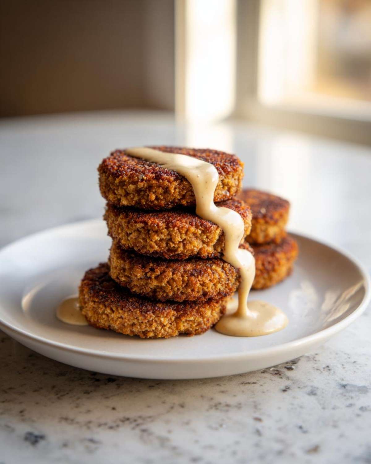 A stack of four golden brown Vegan Crispy Chickpea Cutlets drizzled with creamy lemon tahini sauce.