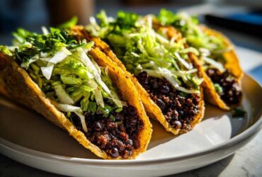 A row of crispy tacos filled with seasoned black beans and topped with shredded cilantro lime slaw.