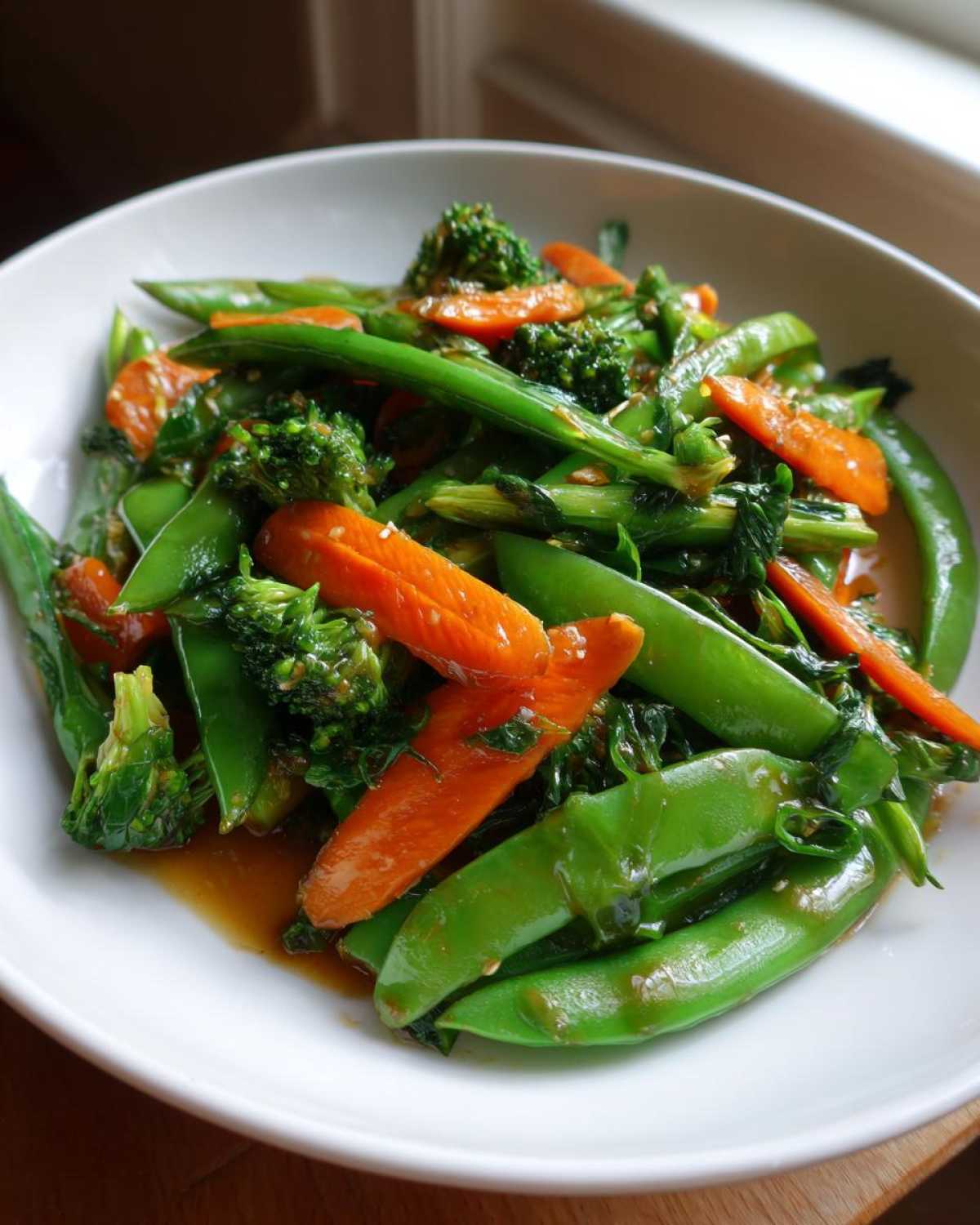 Close-up of bright green snow peas, sliced carrots, and broccoli florets in a Vegan Spring Vegetable Stir Fry with Ginger sauce.
