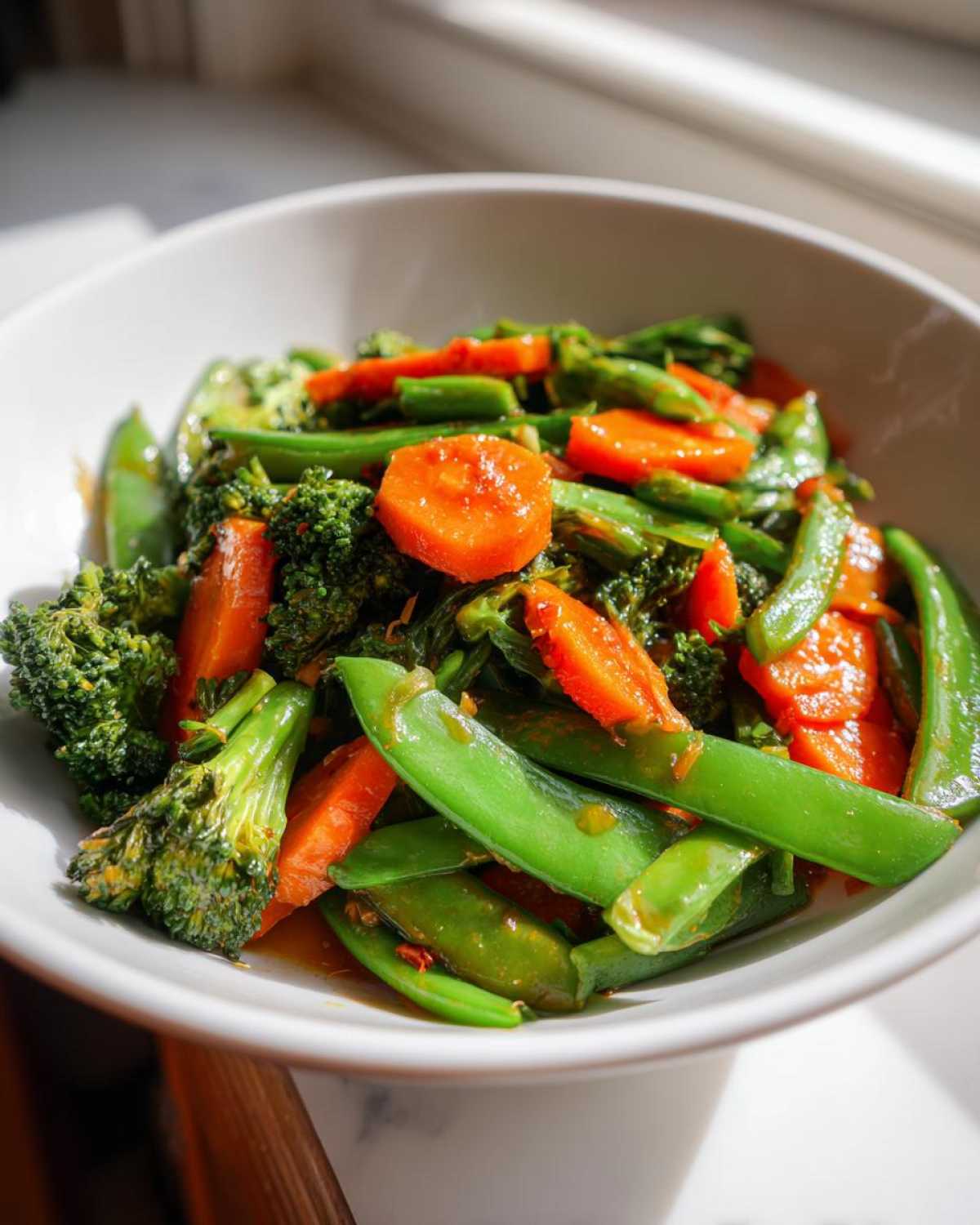 Close-up of bright green snow peas, broccoli florets, and sliced carrots in a Vegan Spring Vegetable Stir Fry with Ginger.