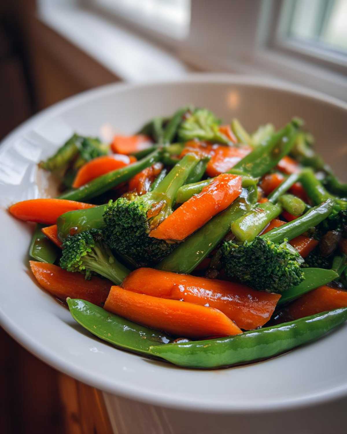 Close-up of vibrant Vegan Spring Vegetable Stir Fry featuring bright orange carrots, green snap peas, and broccoli florets coated in sauce.