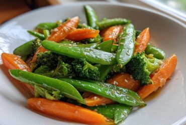 Close-up of a bright Vegan Spring Vegetable Stir Fry featuring snap peas, carrots, and broccoli, topped with sesame seeds.