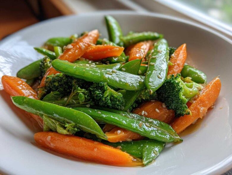 Close-up of a bright Vegan Spring Vegetable Stir Fry featuring snap peas, carrots, and broccoli, topped with sesame seeds.