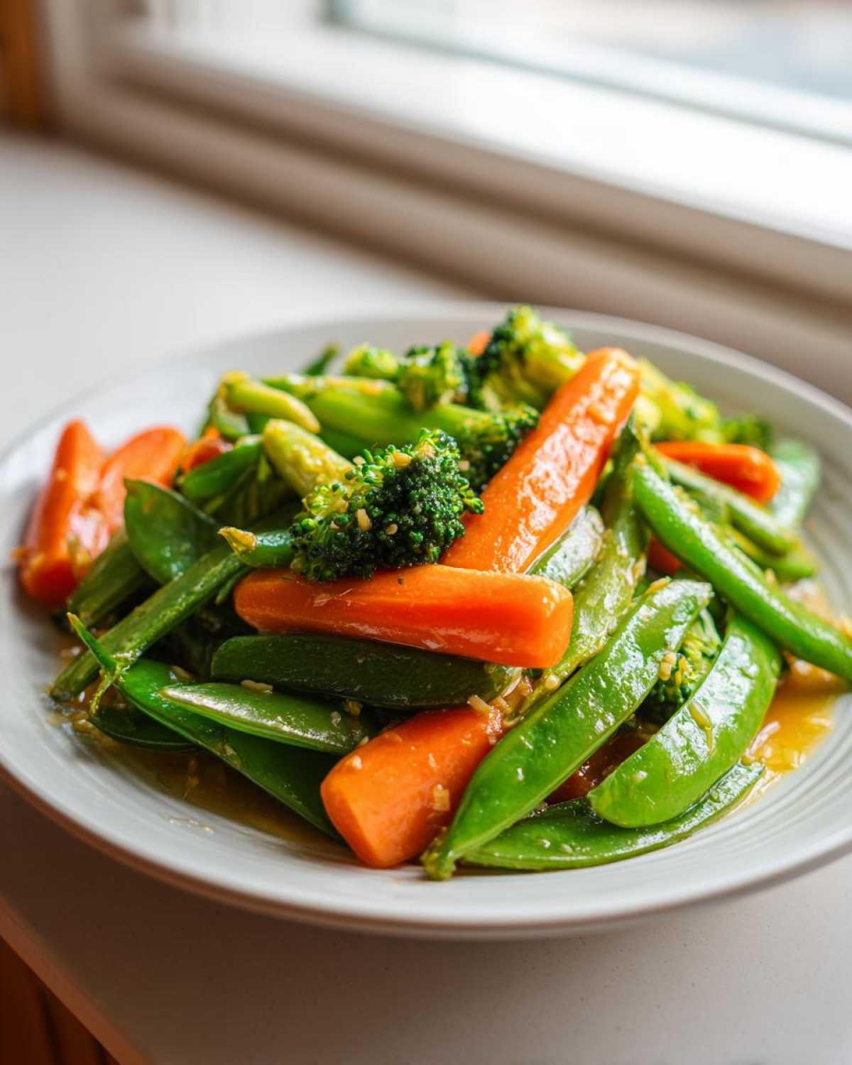 Close-up of bright Vegan Spring Vegetable Stir Fry with ginger sauce, featuring carrots, snap peas, and broccoli.