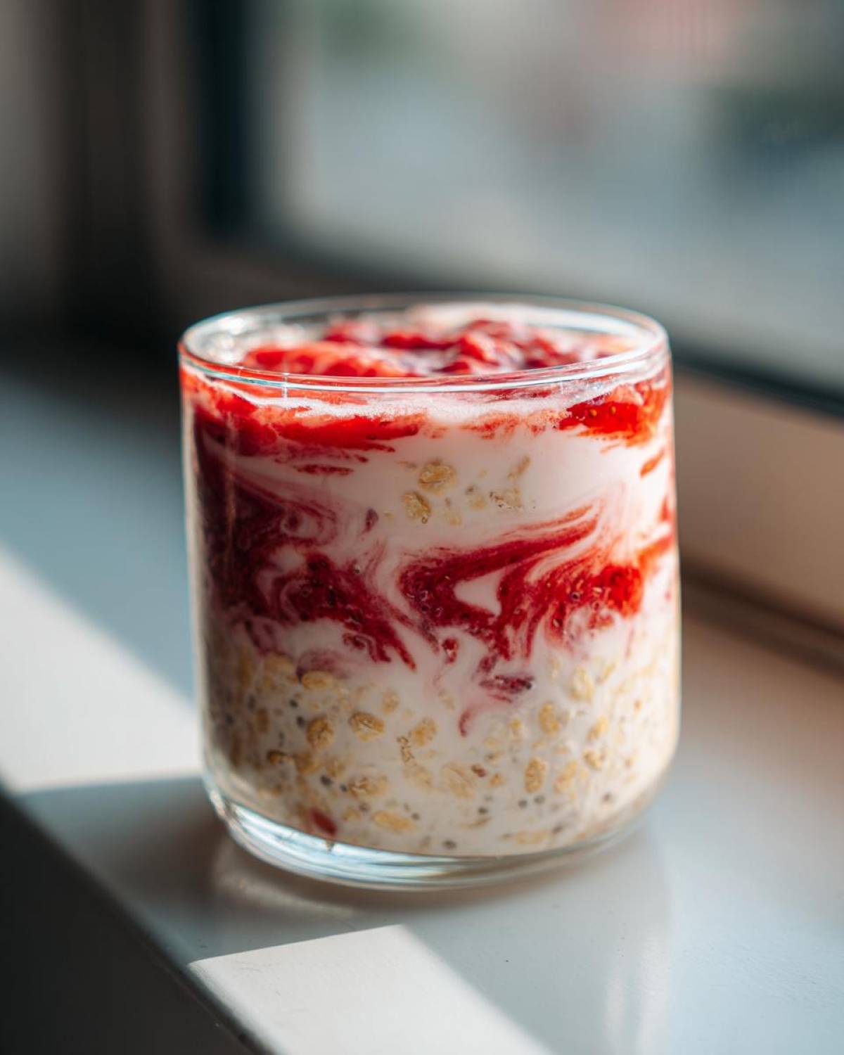 Close-up of Vegan Strawberry Cream Overnight Oats layered with creamy white oat mixture and bright red strawberry swirls in a glass.