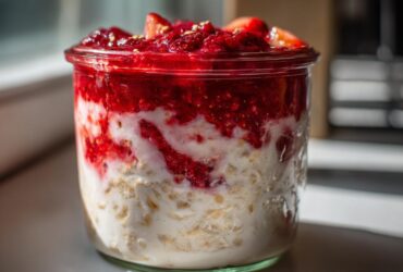 Close-up of Vegan Strawberry Cream Overnight Oats layered with oats, cream, and bright red strawberry compote in a glass jar.