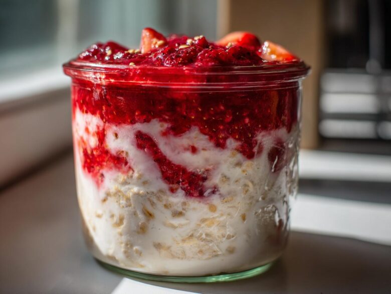 Close-up of Vegan Strawberry Cream Overnight Oats layered with oats, cream, and bright red strawberry compote in a glass jar.