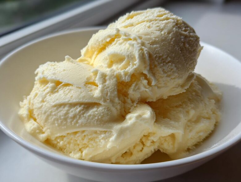 Close-up of three scoops of creamy, pale yellow banana ice cream served in a white bowl.