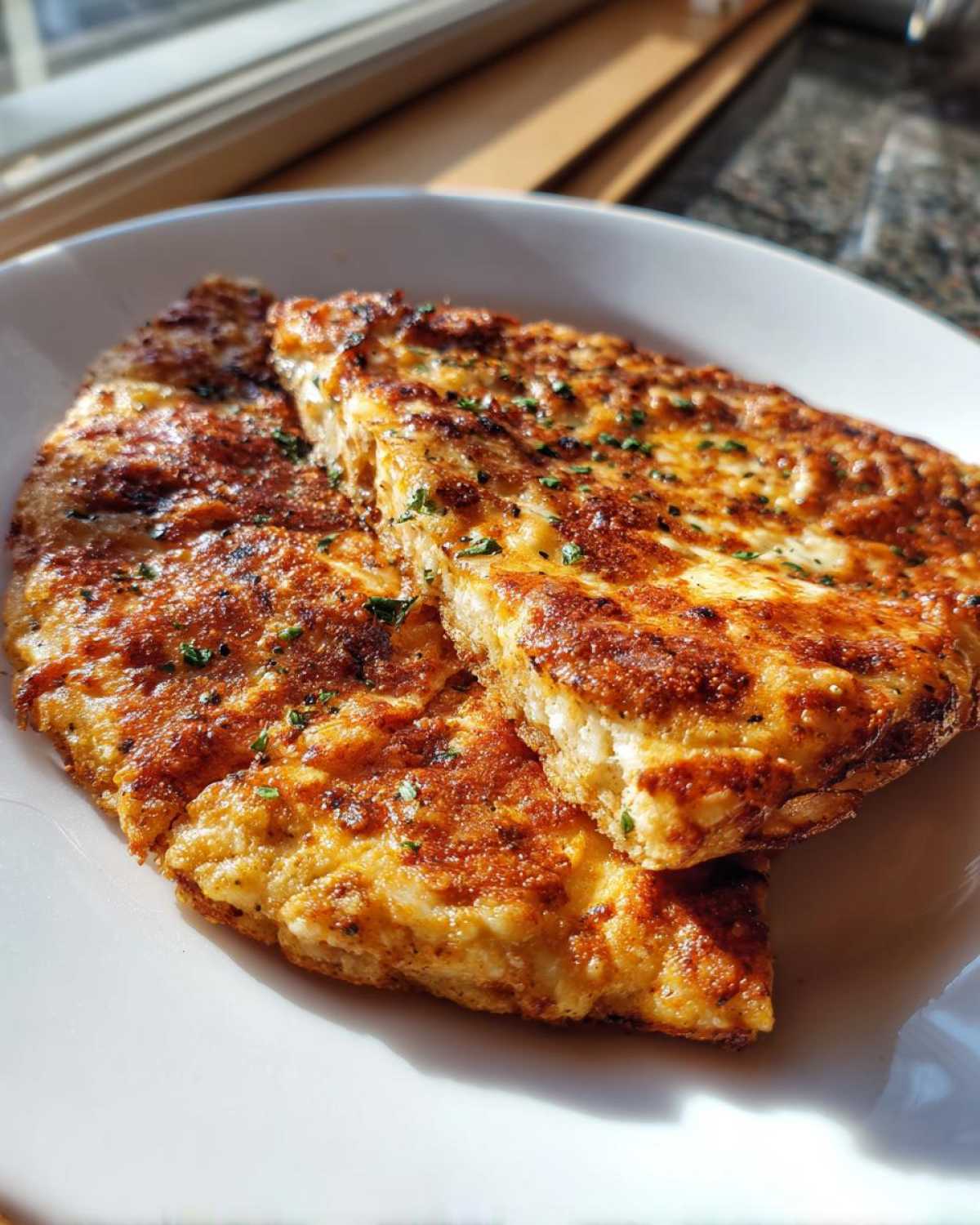 Two golden brown slices of the 4-ingredient keto pizza crust, seasoned with herbs, resting on a white plate.